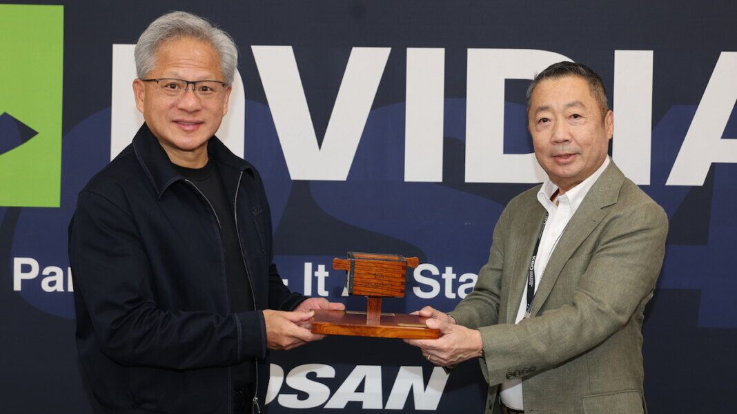 Doosan Group Chairman Park Jeong-won and Nvidia CEO Jensen Huang