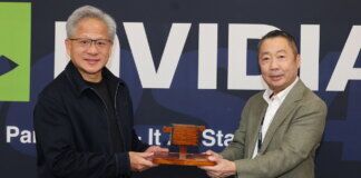 Doosan Group Chairman Park Jeong-won and Nvidia CEO Jensen Huang