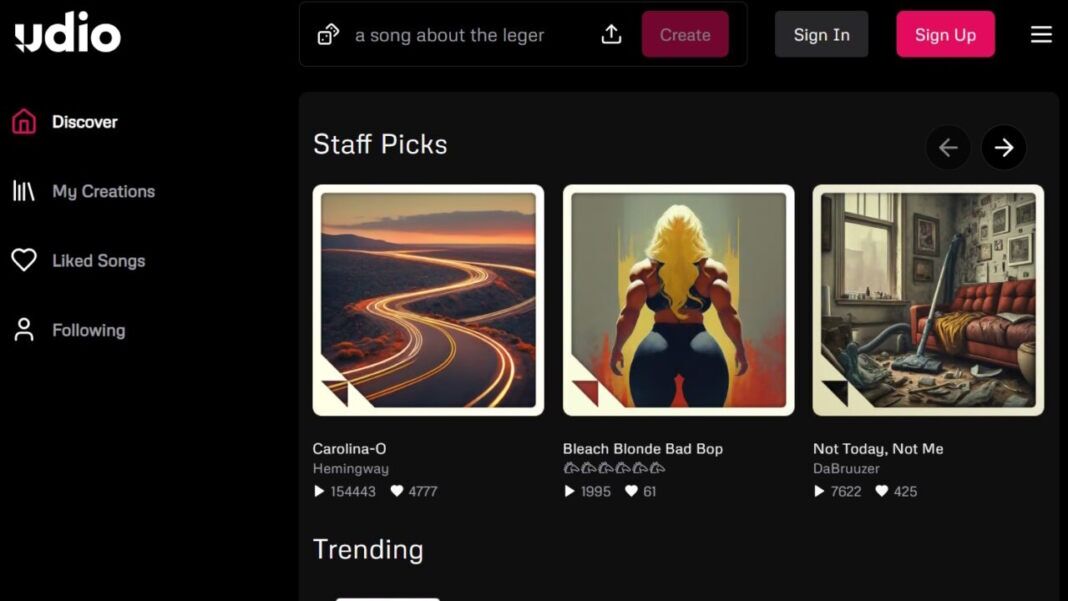 Website of the Udio AI music creator