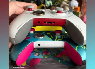 Close underside view of the Forza Horizon 6 limited-edition Xbox Wireless Controller highlighting the sealed bottom panel where the legacy accessory connector would normally appear.