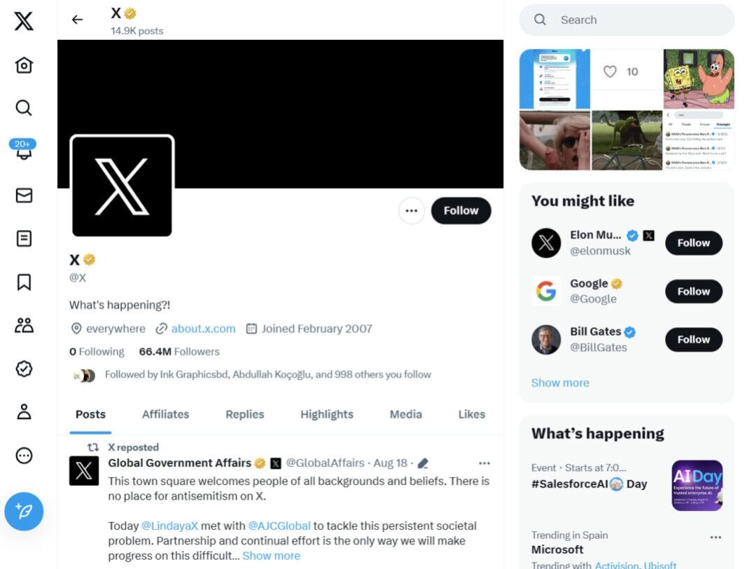 X formely Twitter homepage