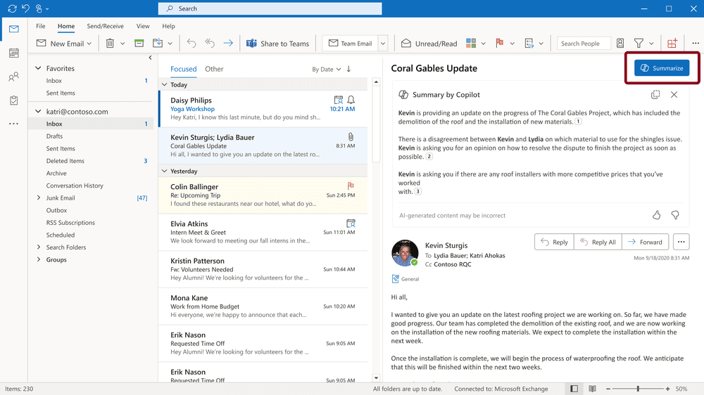 Classic Outlook for Windows Copilot summarize official