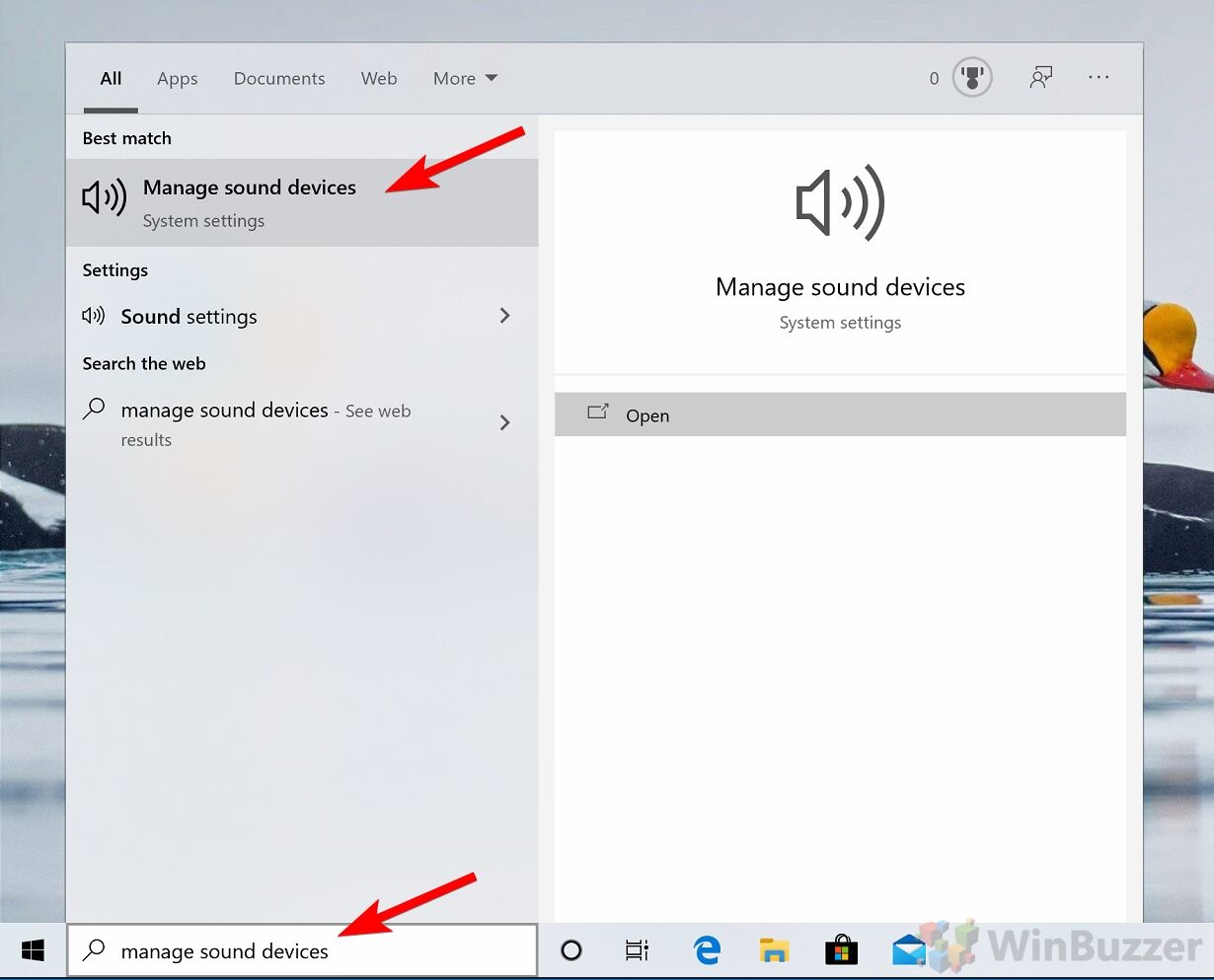 Windows 10 - Search - Manage sound devices