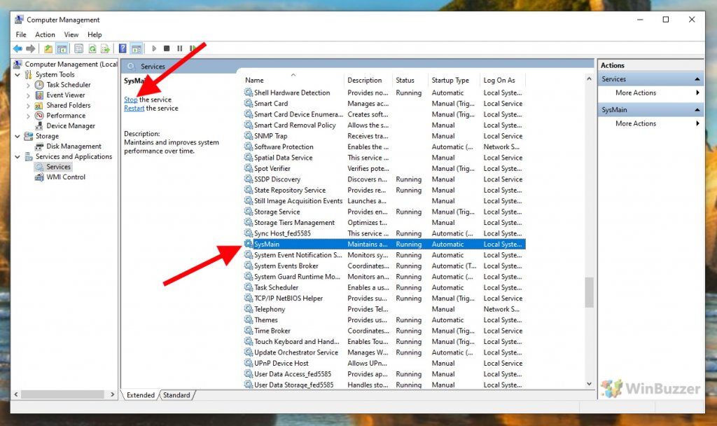 Windows 10 - Computer Management - Services - SysMain stop