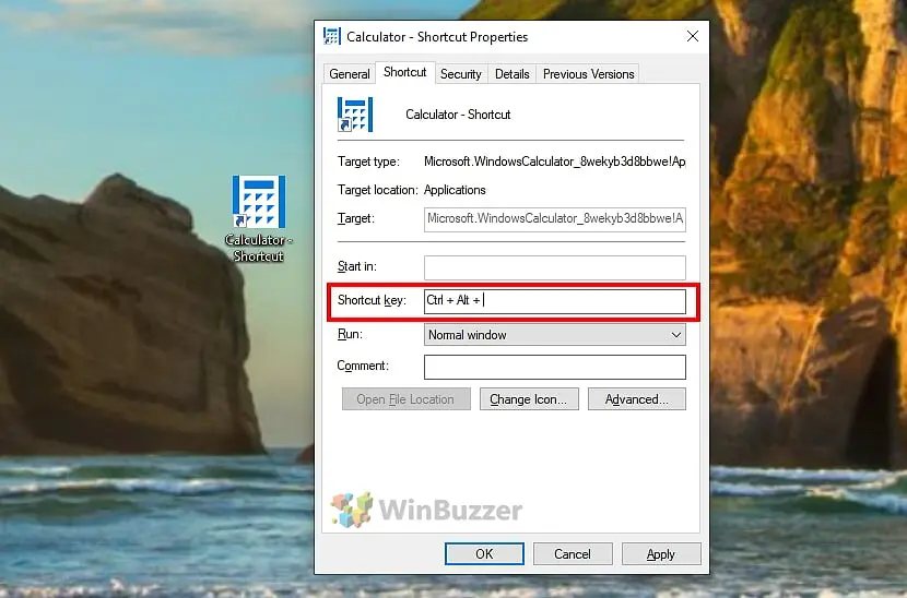Windows 10 - Desktop icon - Properties - Assign hotkey