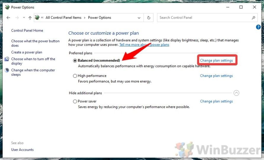 Windows 10 - Control Panel - Power Options - Power Plans