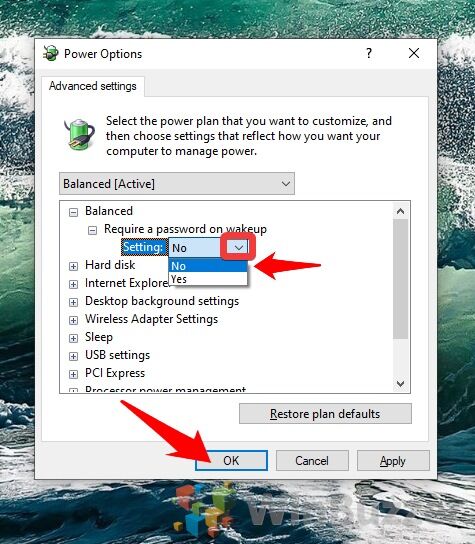 Windows 10 - Power Options - Edit Power Plan - Advanced Settings - Require Password