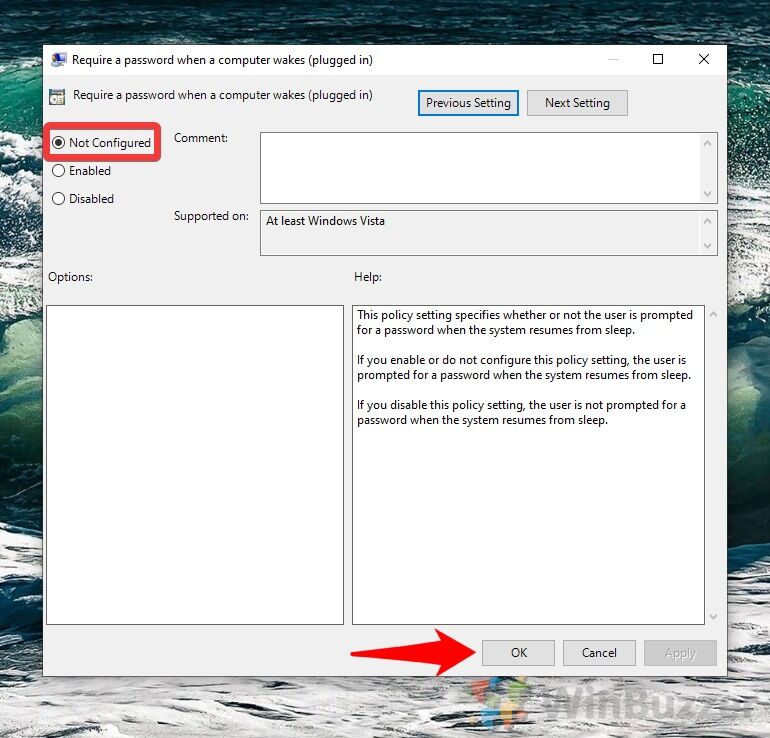 Windows 10 - gpedit sleep settings - Require a password when a computer wakes up - not configured
