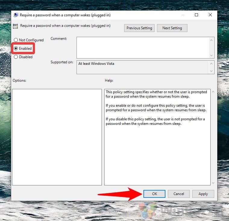 Windows 10 - gpedit - Require a password when a computer wakes up - enabled