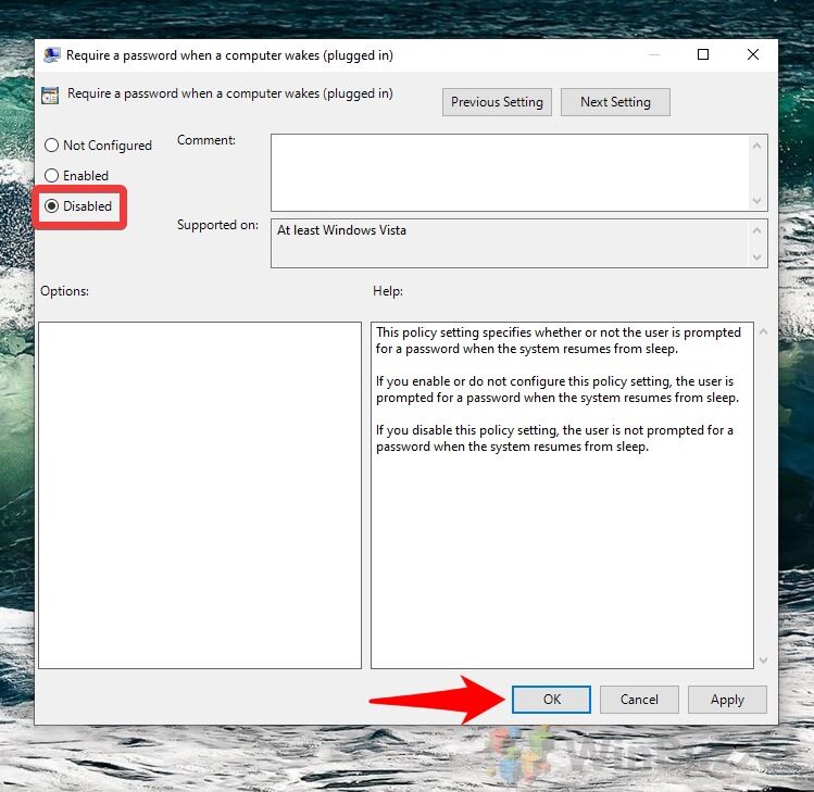 Windows 10 - gpedit - Require a password when a computer wakes up - disabled
