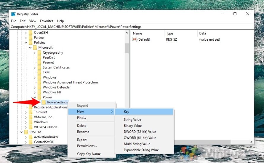 Windows 10 - regedit - New - Key - Power Settings