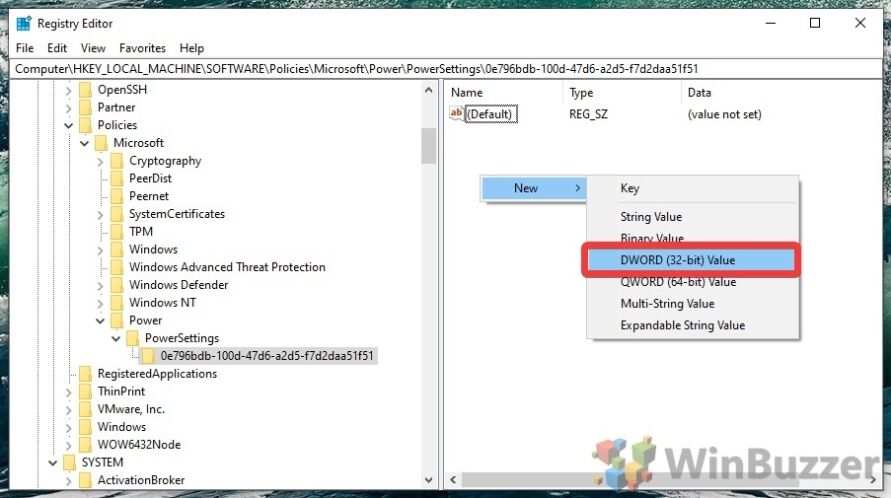 Windows 10 - regedit - New - Key - Power Settings - 0e796bdb - New Dword