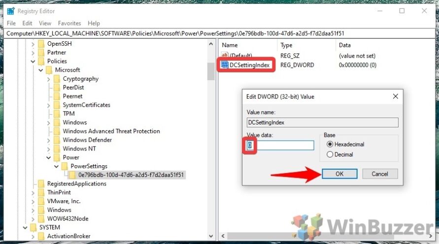 Windows 10 - regedit - New - Key - Power Settings - 0e796bdb - DCSettingsIndex