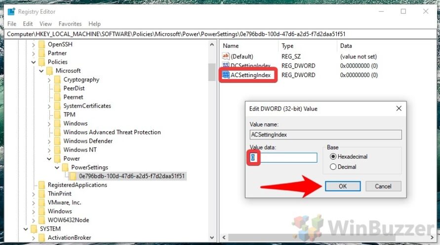 Windows 10 - regedit - New - Key - Power Settings - 0e796bdb - ACSettingsIndex