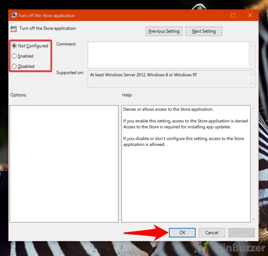 Windows 10 - Run - Local Goup Policy Editor - Store - Turn Off the Store App - Select an Option