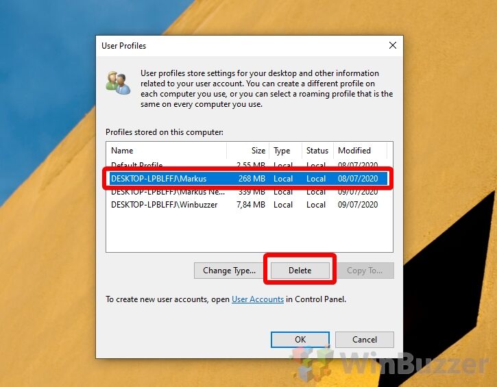 Windows 10 - System Properties - Advanced - User Profiles - Delete