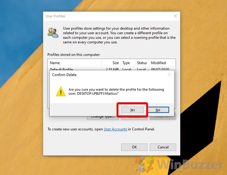 Windows 10 - System Properties - Advanced - User Profiles - Confirm Delete