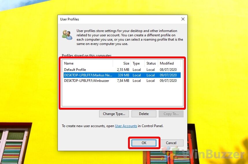 Windows 10 - System Properties - Advanced - User Profiles - Close
