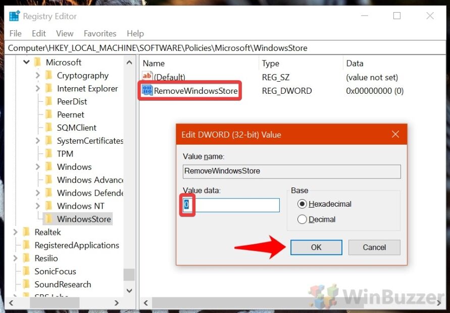 Windows 10 - Run - Registry Editor - HKEY - New DWORD - Remove Windows Store - Allow
