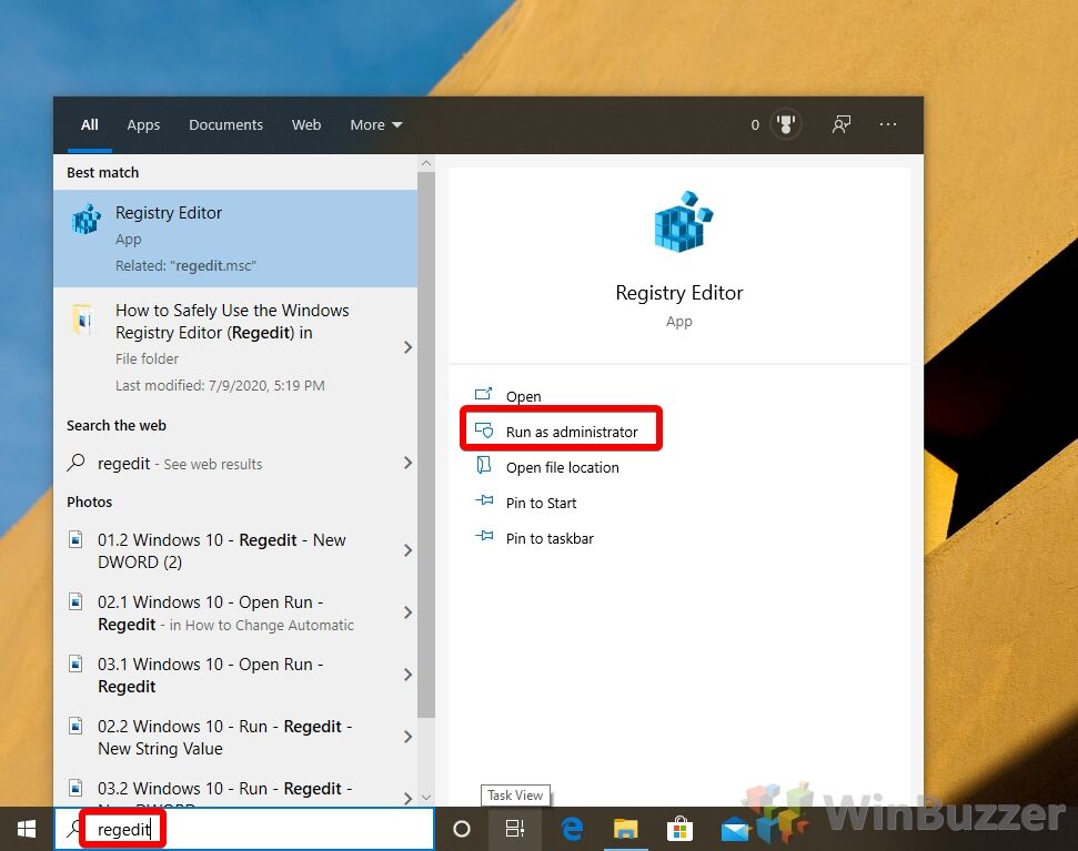 Windows 10 - Search - Regedit