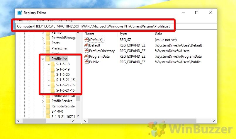Windows 10 - Regedit - User Profiles List