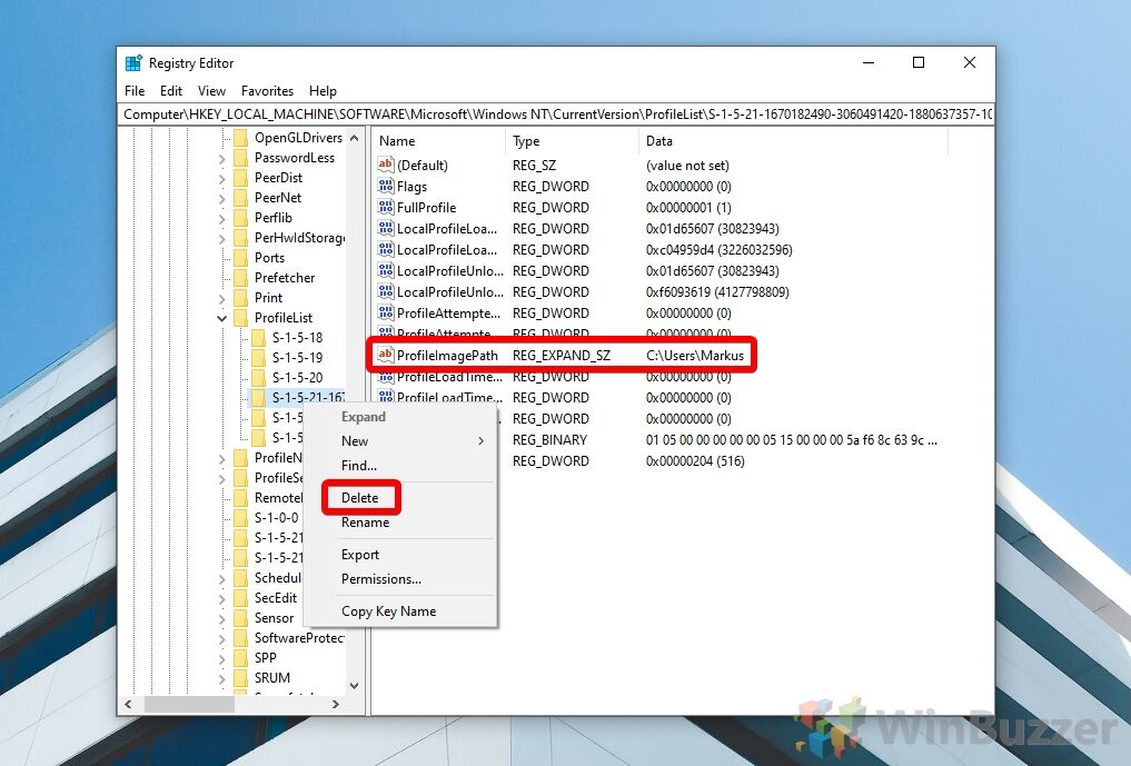 Windows 10 - Regedit - User Profile - Delete