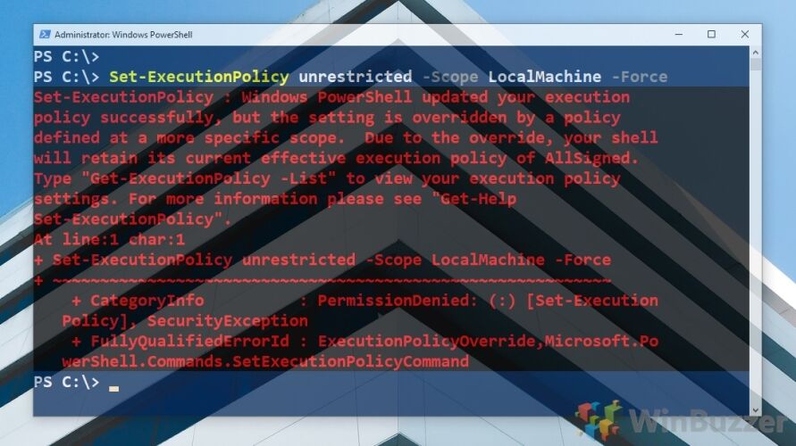 Windows 10 - PowerShell - Execution Policy override warning