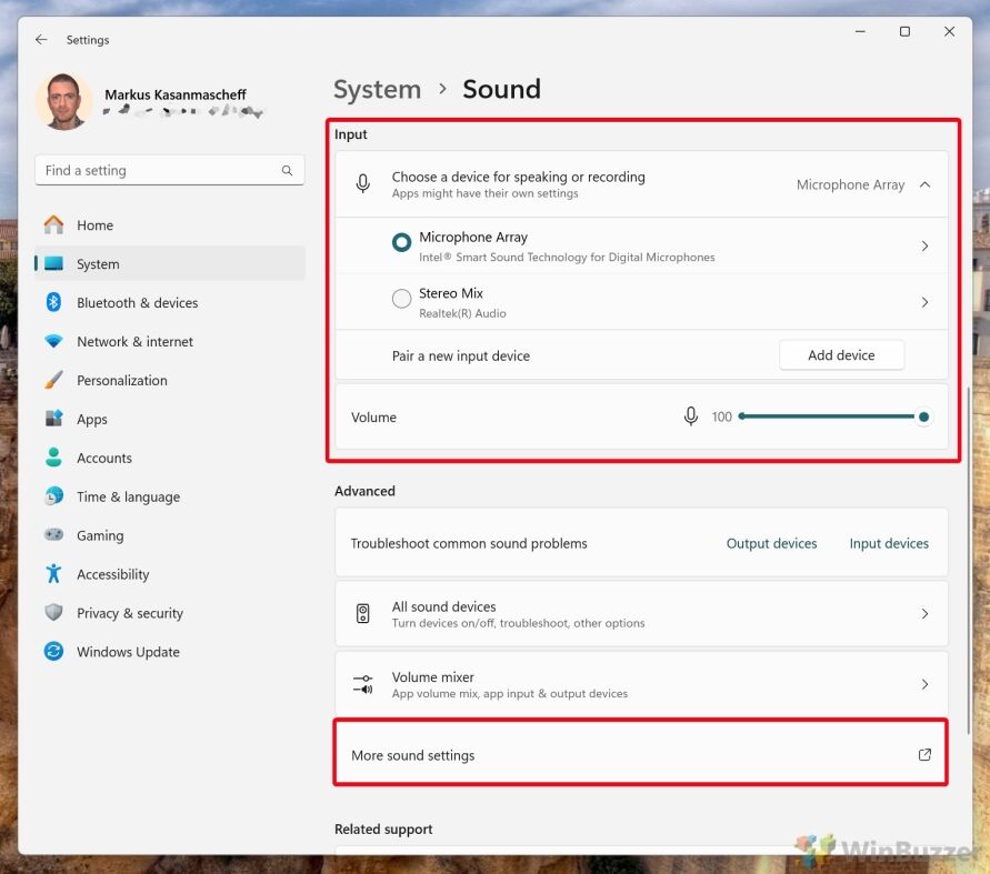 Windows 11 - Sound Settings - open More sound settings