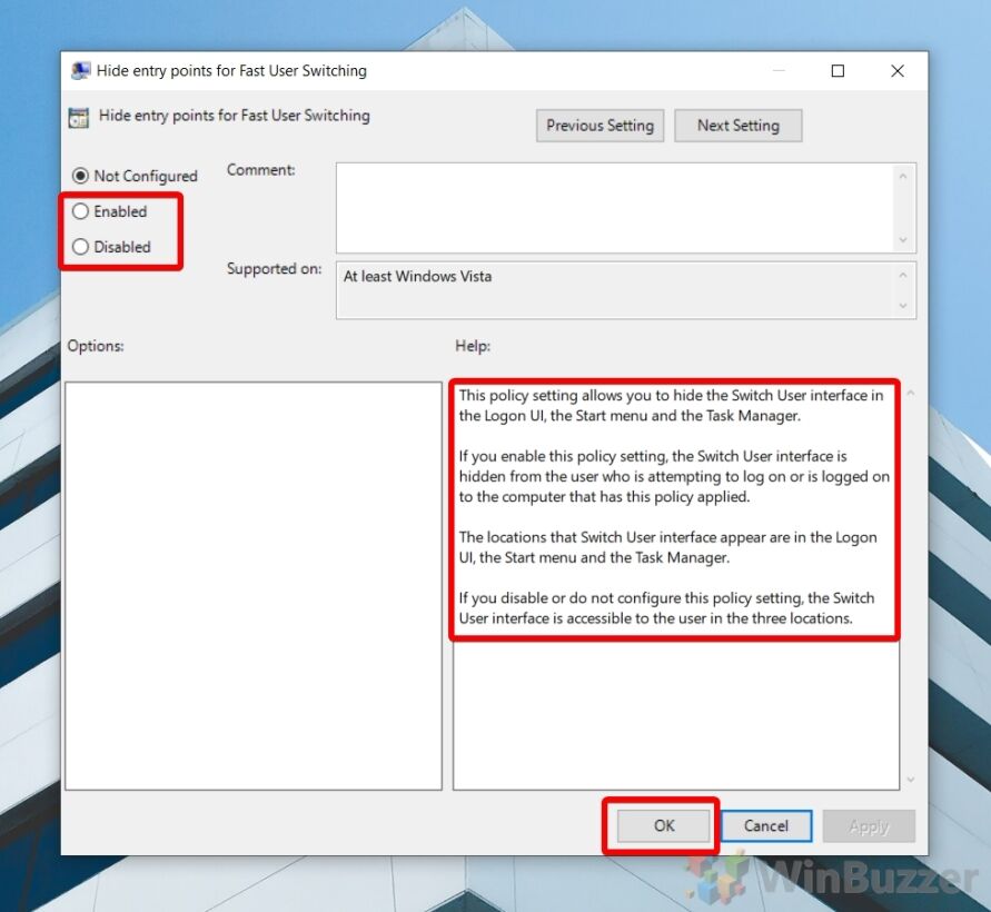 Windows 10 - Gpedit - Hide entry points for Fast User Switching