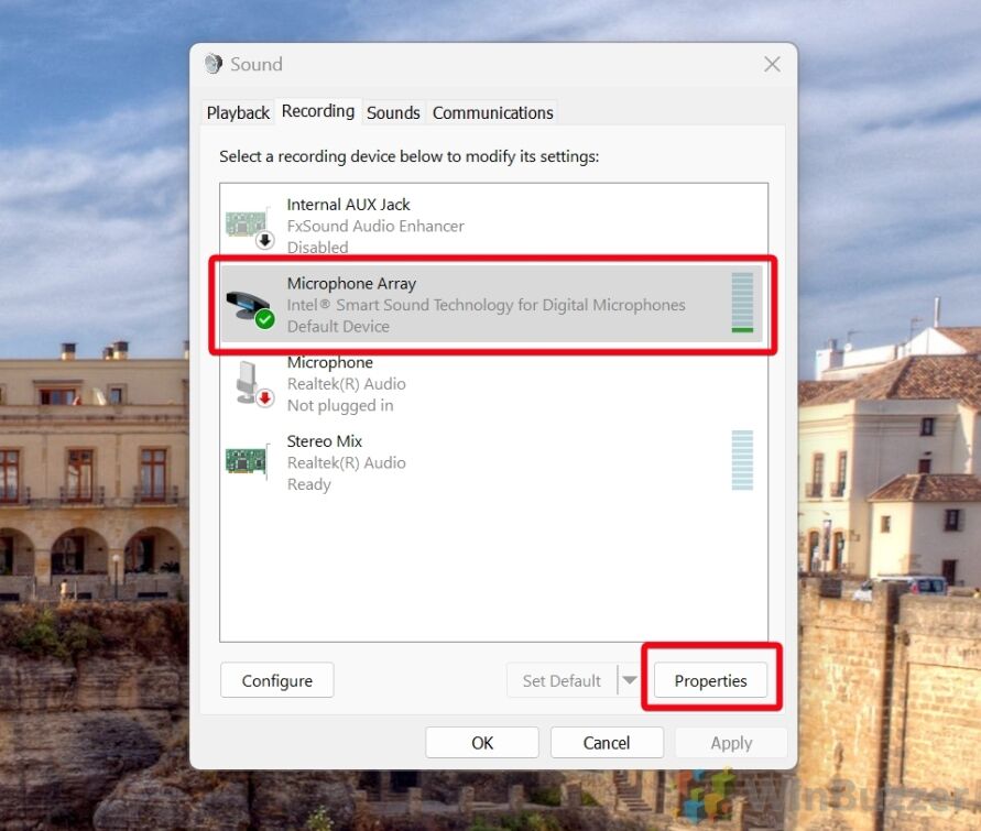 Windows 11 - More Sound Settings - Recording