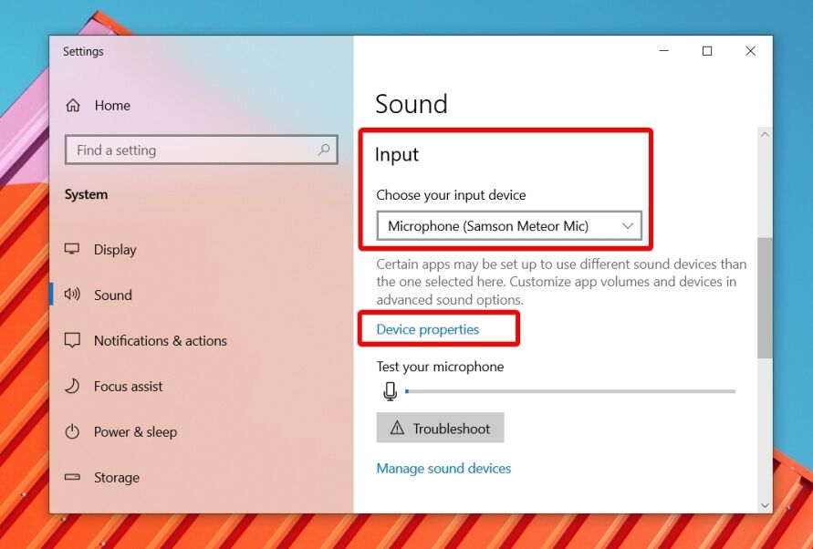 Windows 10 - Sound Settings - Open Input Device Properties