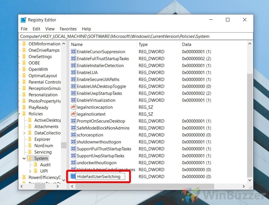 Windows 10 - Regit - Name Dword HideFastUserSwitching