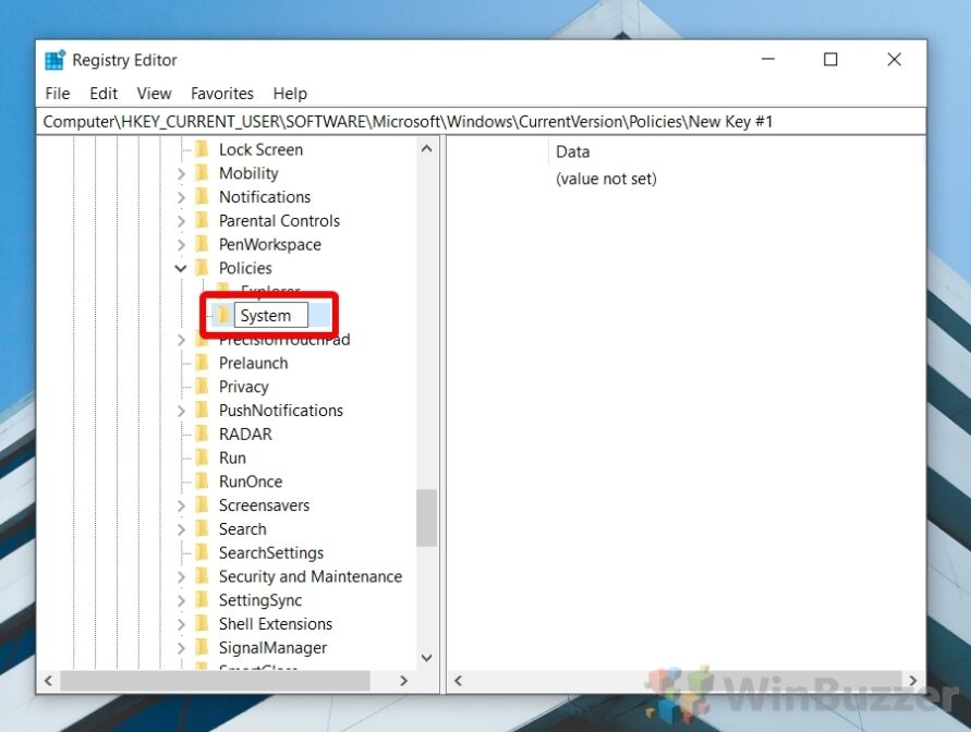 Windows 10 - Regedit - New Key - System