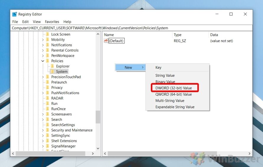 Windows 10 - Regedit - New Dword