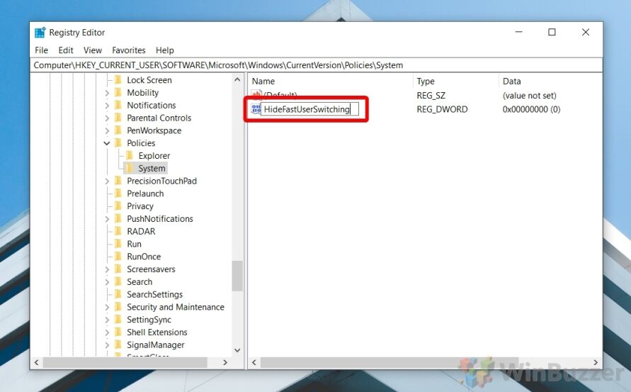 Windows 10 - Regedit - New Dword - HideFastUserSwitching