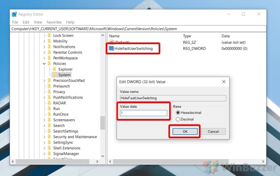 Windows 10 - Regedit - Edit Dword - HideFastUserSwitching