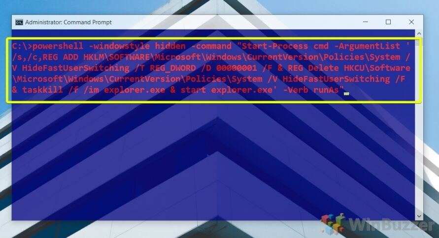 Windows 10 - CMD admin - command - Disable Fast User Switching