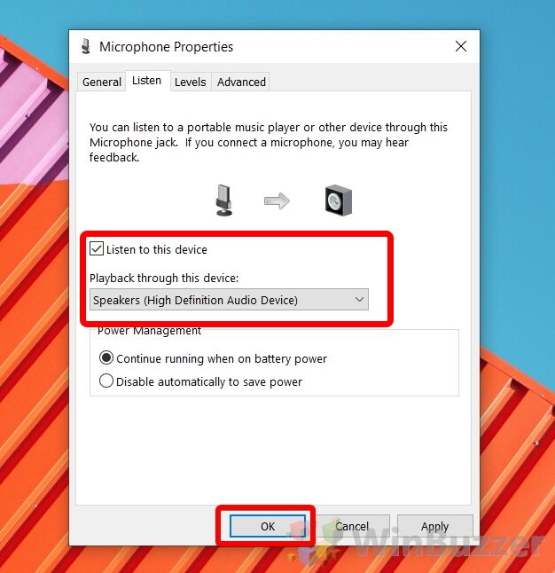 Windows 10 - Device Properties - Additional Device Properties - Activate Listen to this device