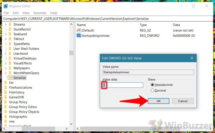 Windows 10 - Registry Editor - Computer\HKEY_CURRENT_USER\Software\Microsoft\Windows\CurrentVersion\Explorer\Serialize - Startupdelayinmsec - Disable