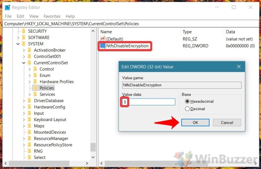 Windows 10 - Registry Editor Regedit - Computer\HKEY_LOCAL_MACHINE\SYSTEM\CurrentControlSet\Policies - NtfsDisableEncryption