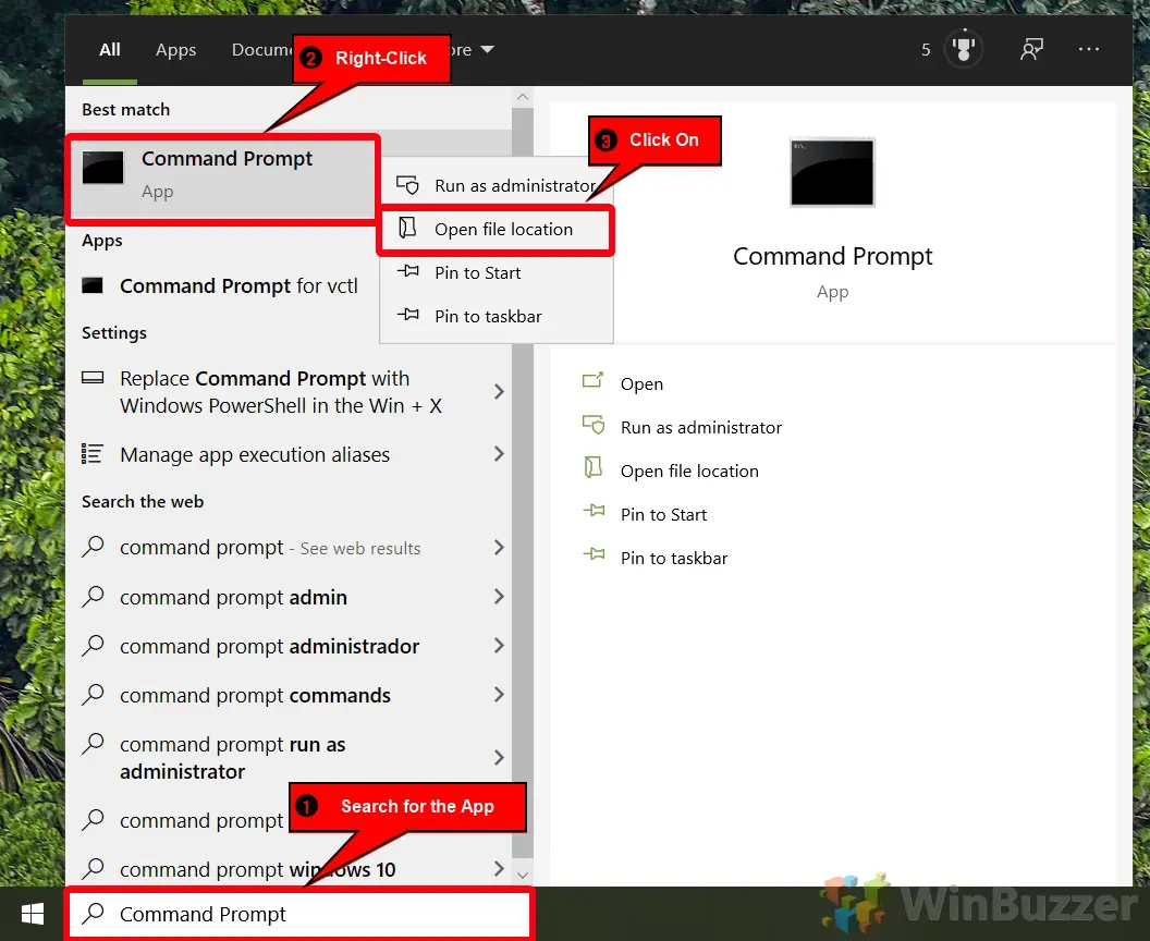 Windows 10 - Search Command Prompt - Open File Location