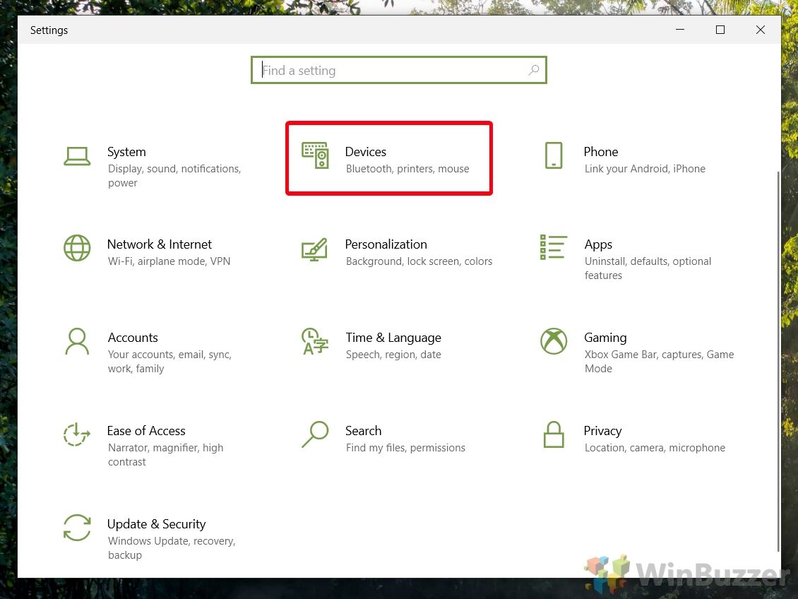 Windows 10 - Settings - Open Devices