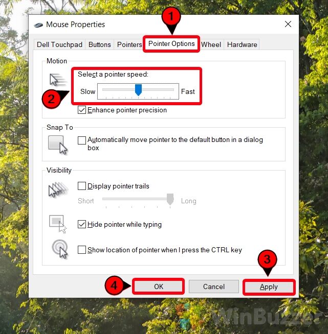 Windows 10 - Control Panel -Hardware and Sound - Devices and Printers -Mouse - Pointer Options - Select Pointer Speed