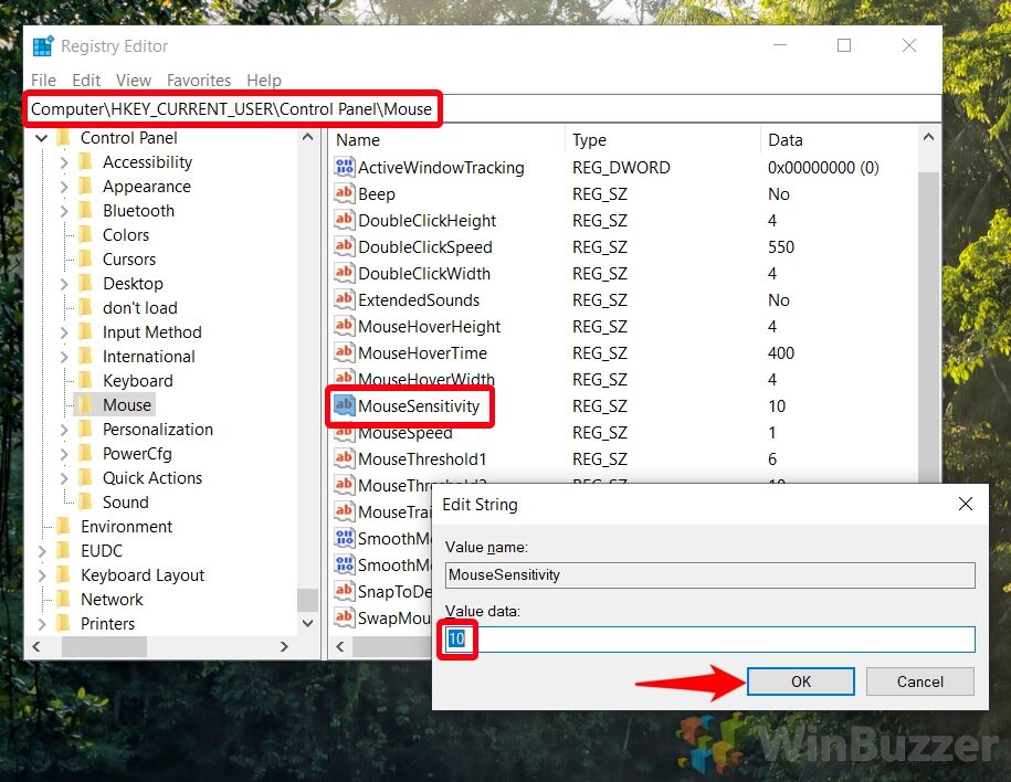Windows 10 - Regedit - Browse to the Path - Mouse Sensitivity - Change Value Data