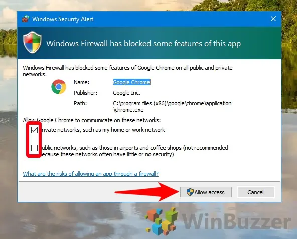 Windows 10 - Windows Security Alert - Choose Network Locations - Allow Acces