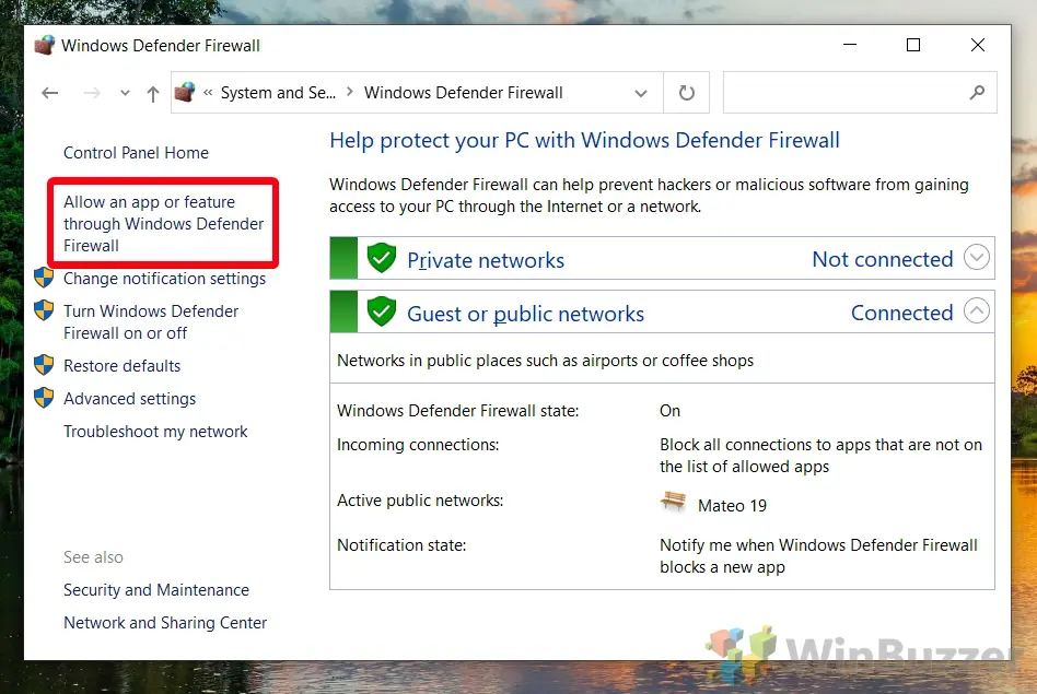 Windows 10 - Control Panel - Windows Defender Firewall - Allow App