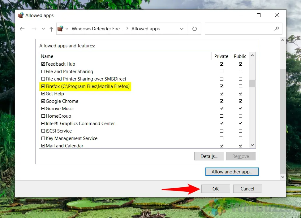 Windows 10 - Control Panel - Windows Defender Firewall - Allow App - Change Settings Allow Another App - Network Types - Add - Accept