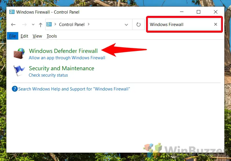 Windows 10 - Control Panel - Open Windows Defender Firewall