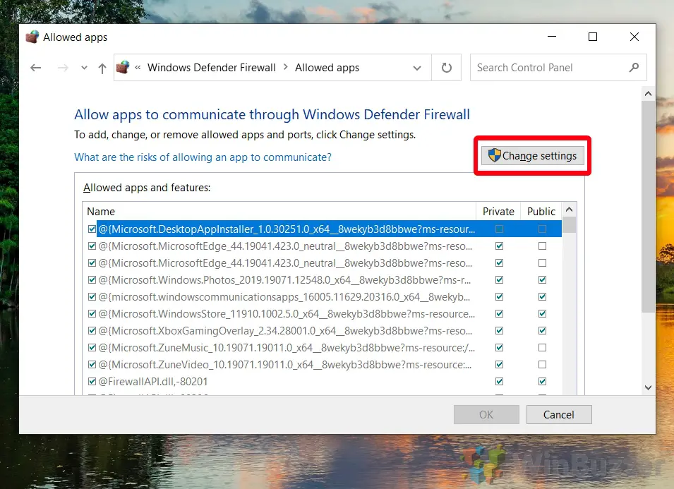 Windows 10 - Control Panel - Windows Defender Firewall - Allow App - Change Settings