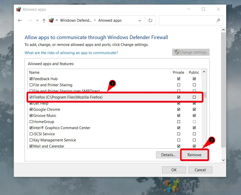 Windows 10 - Control Panel - Windows Defender Firewall - Allow App - Change Settings - Select App - Remove